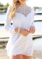 Rosewe Chiffon White Lace Round Neck Mini Dress