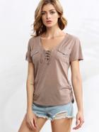 Shein Brown Marled Knit Lace Up Shirred Side T-shirt