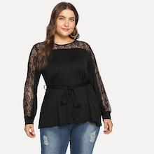 Shein Plus Sheer Lace Insert Solid Tee
