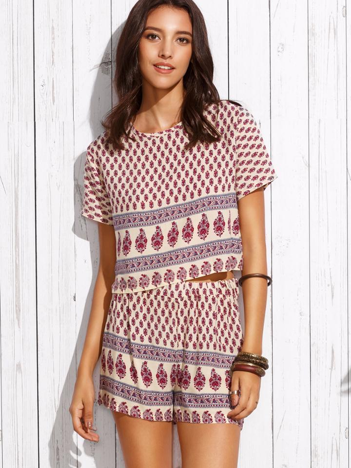 Shein Apricot Ornate Print Top With Shorts