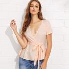 Shein Scalloped Deep V-neck Belted Wrap Top