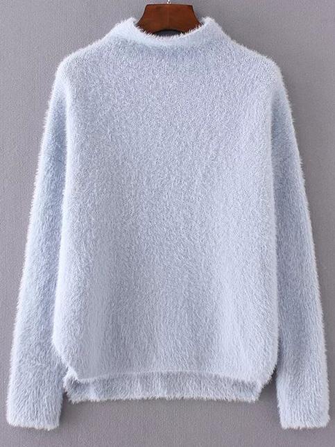 Shein Blue Mock Neck Dip Hem Sweater