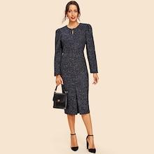 Shein Keyhole Front Fold Pleat Hem Boucle Dress