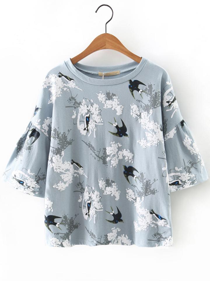 Shein Bell Sleeve Swallow Printed Blouse