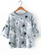 Shein Bell Sleeve Swallow Printed Blouse