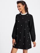 Shein Contrast Frill Neck Pearl Embellished Dress