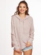Shein Pink Ribbed Trim Side Slit Hooded Sweater