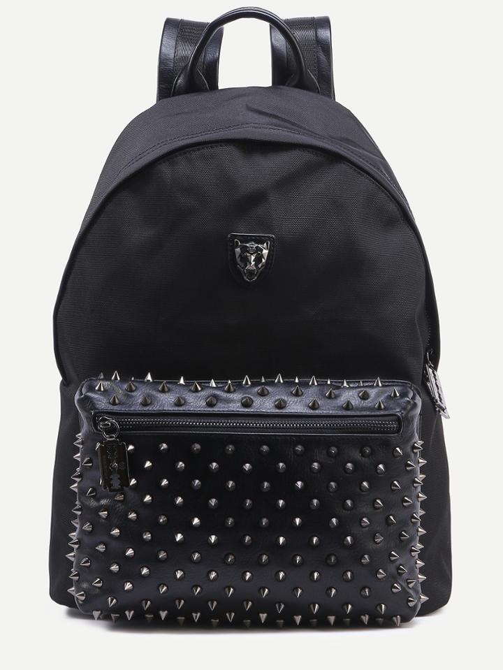 Shein Black Metal Leopard Head Accent Studded Canvas Backpack