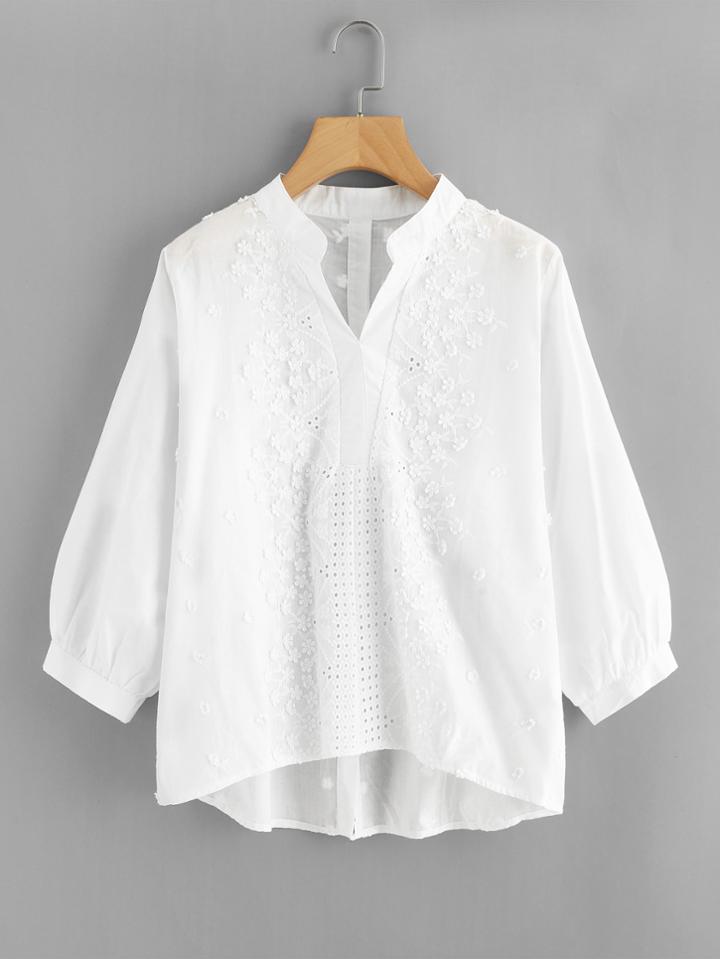 Shein Pointelle Detail Flower Applique Blouse