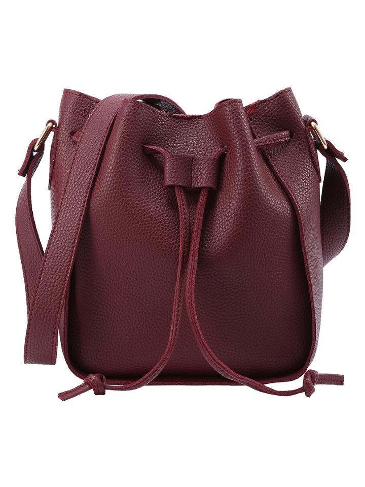 Shein Embossed Faux Leather Drawstring Bucket Bag - Burgundy