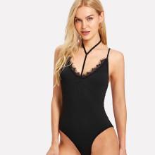 Shein Eyelash Lace Trim Strappy Detail Bodysuit