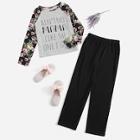 Shein Raglan Sleeve Flower Print Top & Pants Pajama Set