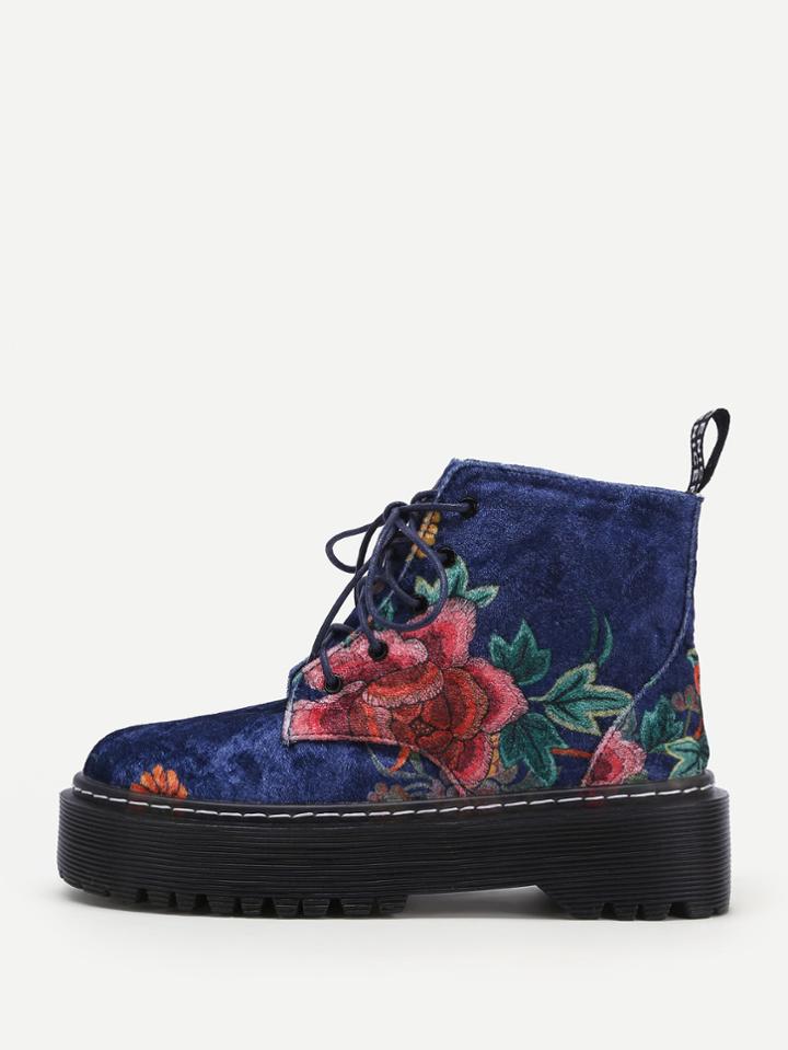 Shein Flower Pattern Velvet Ankle Boots