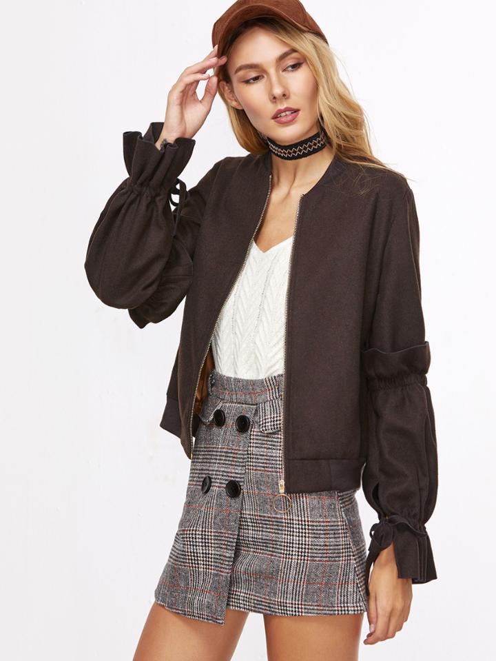 Shein Brown Ruffle Tie Sleeve Zipper Up Bomber Jacket