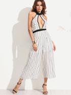 Shein White Vertical Striped Halter Neck Split Front Jumpsuit