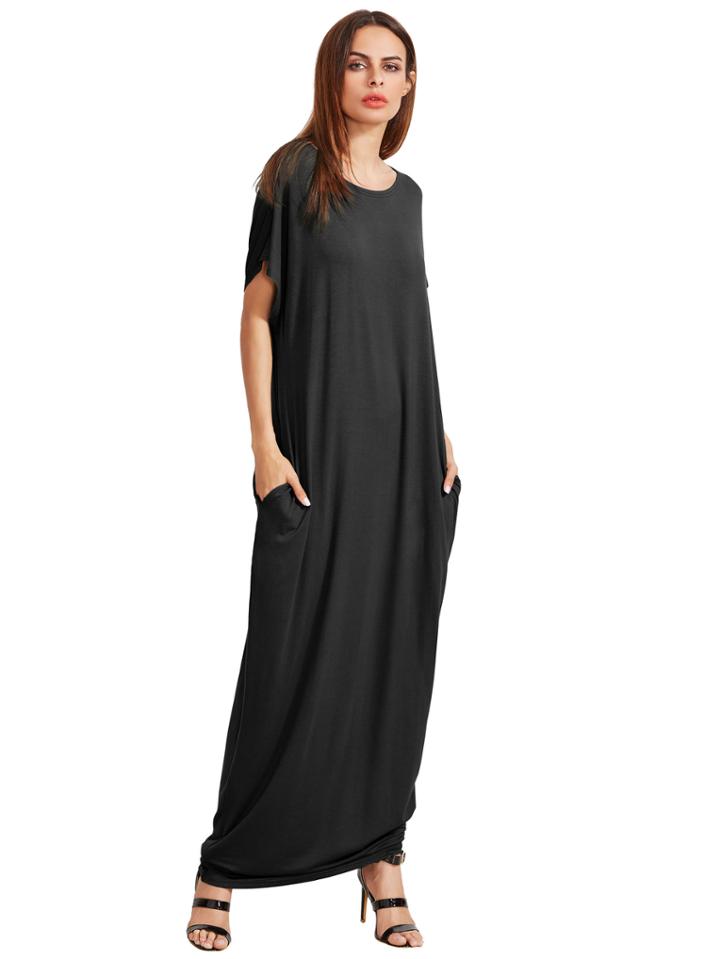 Shein Black Short Sleeve Shift Maxi Dress With Pocket