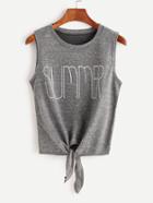 Shein Heather Grey Letter Print Tie Front Sleeveless Top