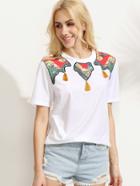 Shein White Embroidered Tassel Print Short Sleeve T-shirt