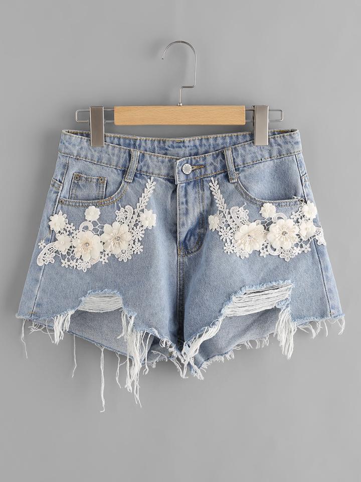 Shein 3d Crochet Appliques Frayed Hem Denim Shorts