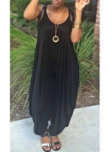 Rosewe Scoop Neck Black Loose Ankle Length Jumpsuit