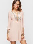 Shein Apricot Tribal Embroidery 3/4 Sleeve Coin Trim Dress