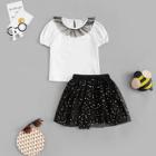Shein Girls Contrast Lace Neckline Top & Skirt Set