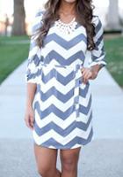 Shein Blue White Hipster Round Neck Zigzag Print Dress