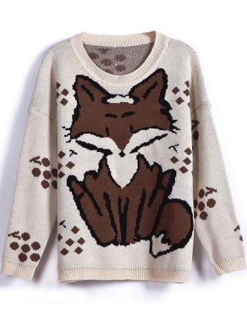 Shein Beige Long Sleeve Fox Pattern Knit Sweater
