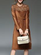 Shein Camel Contrast Crochet Hollow Out Velvet Dress