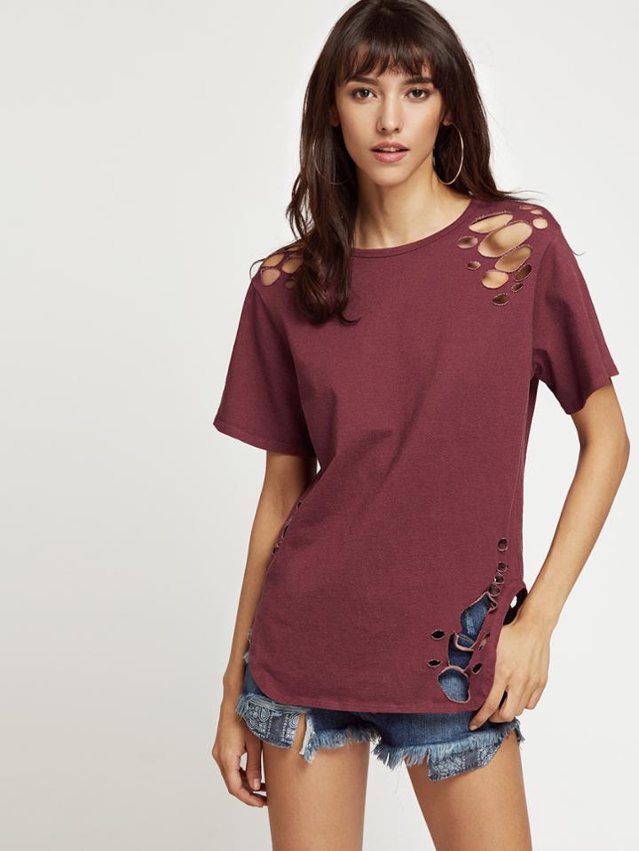 Shein Short Sleeve Dolphin Hem Distressed T-shirt
