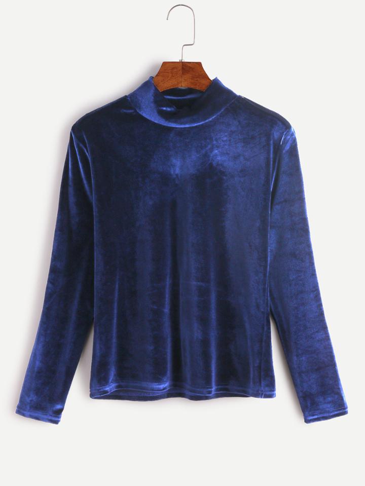 Shein Royal Blue Mock Neck Velvet T-shirt