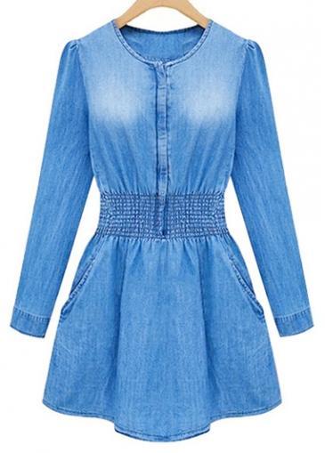 Rosewe Chic Long Sleeve Round Neck Denim Blue Mini Dress