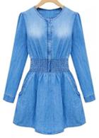 Rosewe Chic Long Sleeve Round Neck Denim Blue Mini Dress