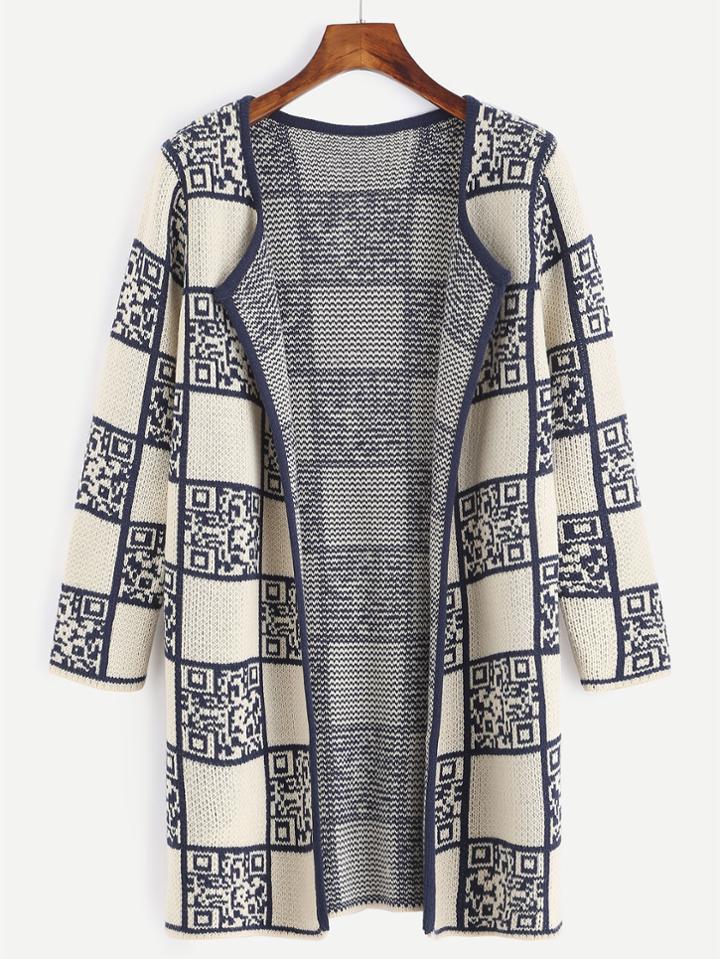 Shein Apricot Qr Code Pattern Collarless Sweater Coat