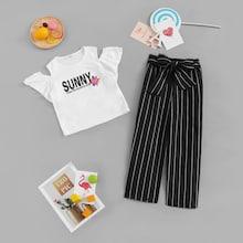 Shein Girls Cold Shoulder Lettering Top & Knotted Pants Set