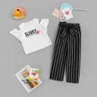Shein Girls Cold Shoulder Lettering Top & Knotted Pants Set