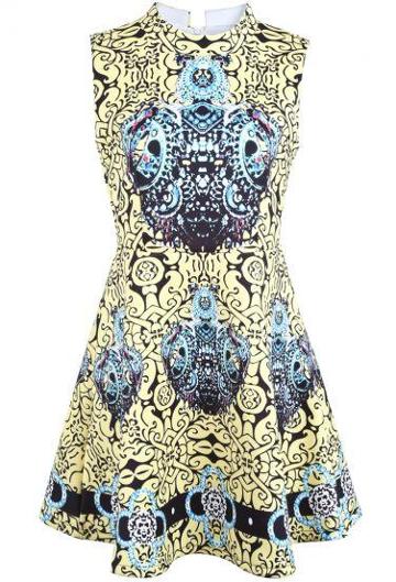 Shein Yellow Stand Collar Sleeveless Vintage Floral Dress