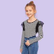 Shein Girls Lace Applique Striped Tee