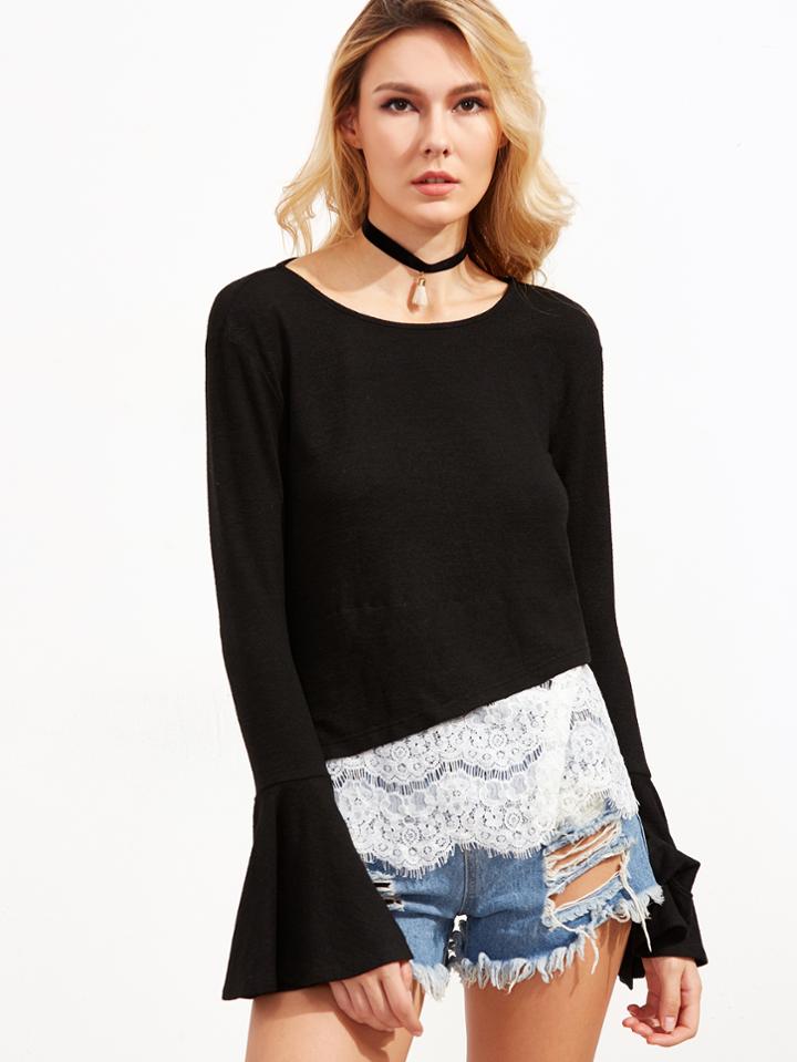 Shein Black Contrast Lace Trim Bell Cuff T-shirt