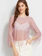 Shein Pink Bell Sleeve Hollow Out Embroidered Lace Top