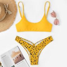 Shein Solid Top With Random Polka Dot High Leg Bikini