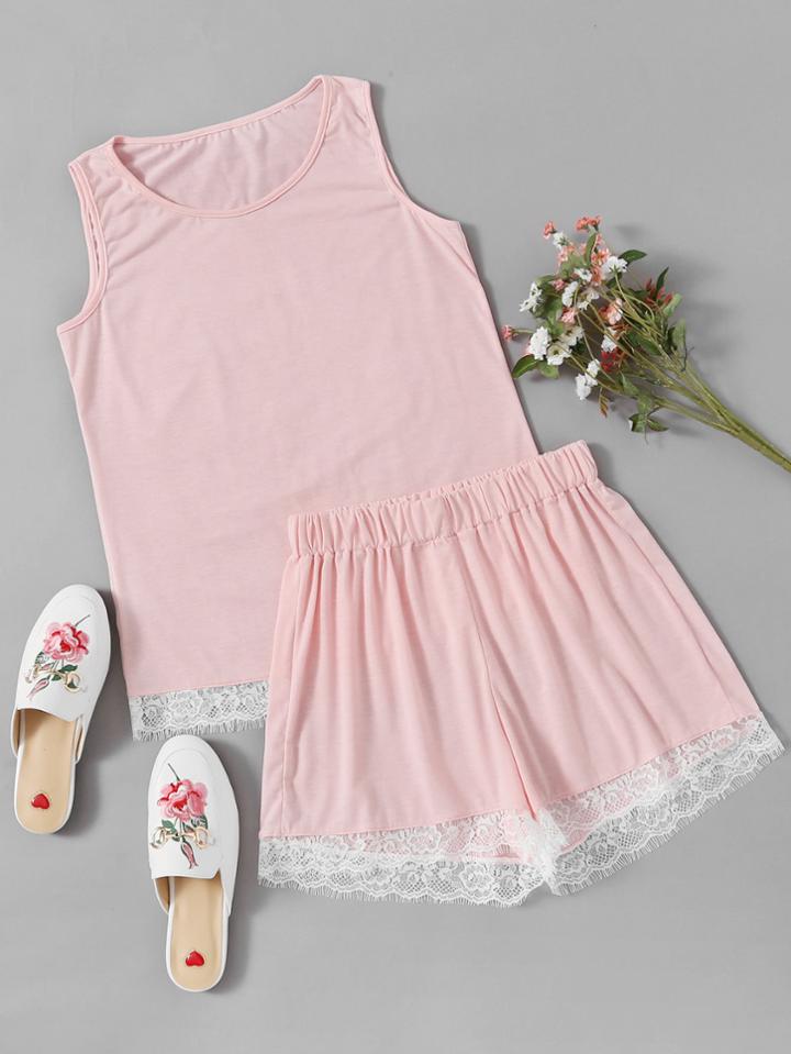 Shein Contrast Eyelash Lace Hem Tank & Shorts Pajama Set