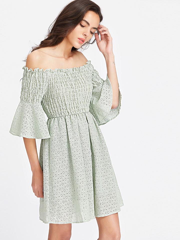 Shein Green Off The Shoulder Bell Sleeve Dress