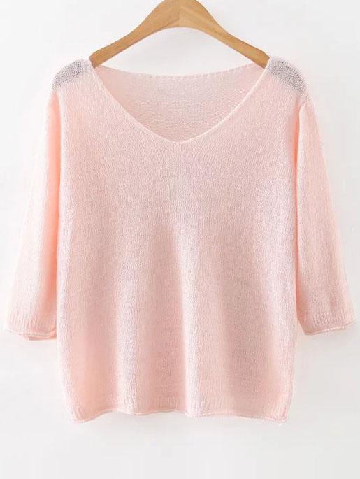 Shein Pink V Neck Ribbed Trim Knitwear