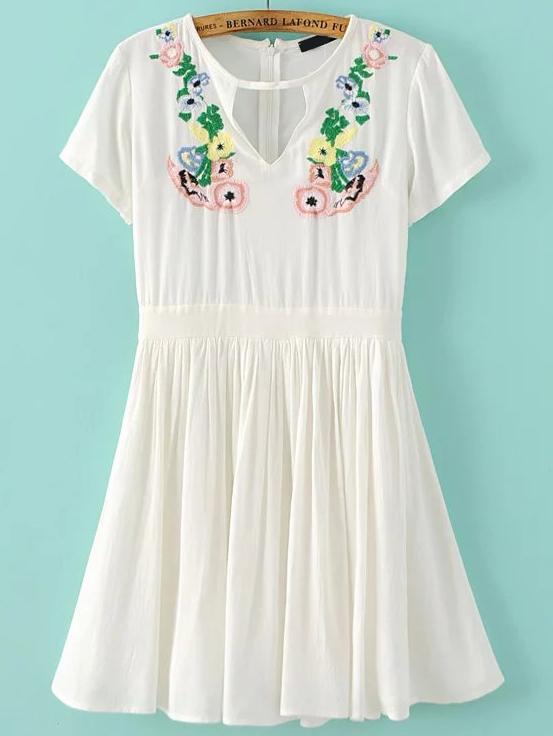 Shein White Flower Embroidery Cut Out Pleated Hem Dress