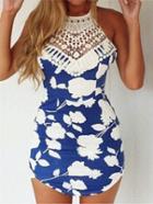 Shein Blue Lace Halter Halter Cross Printed Harness Dress