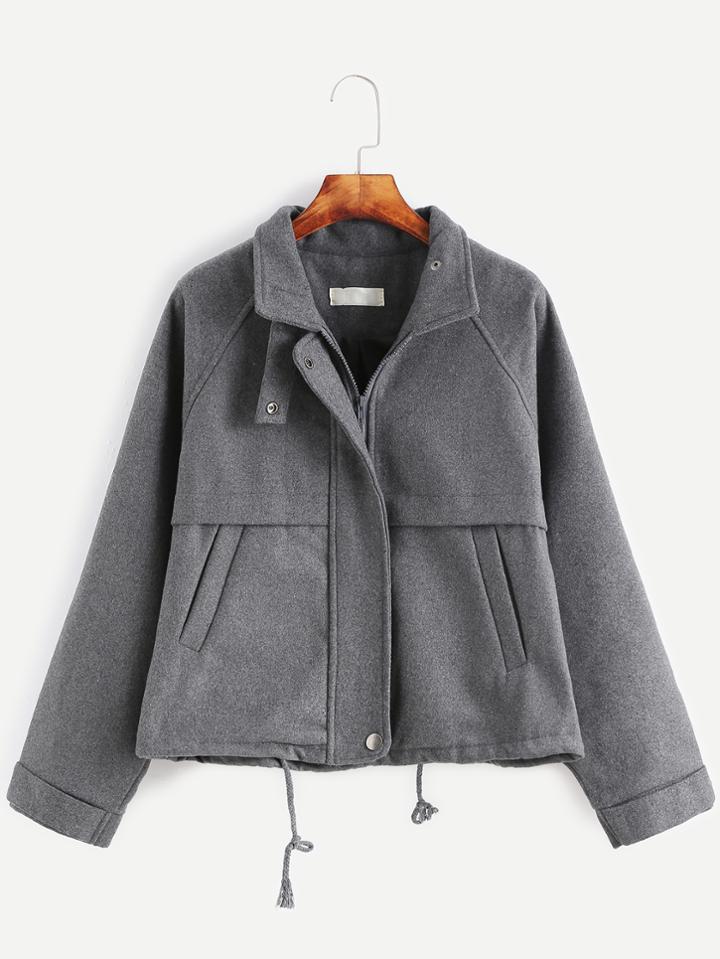 Shein Dark Grey Raglan Sleeve Drawstring Hem Coat