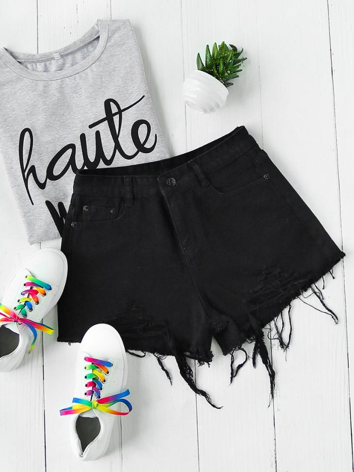Shein Destroyed Fray Hem Denim Shorts