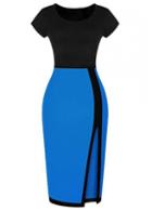 Rosewe Short Sleeve Black And Blue Slit Pencil Dress