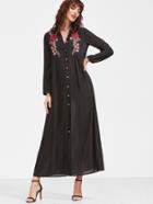 Shein Black Embroidered Rose Patch Button Up Shirt Dress